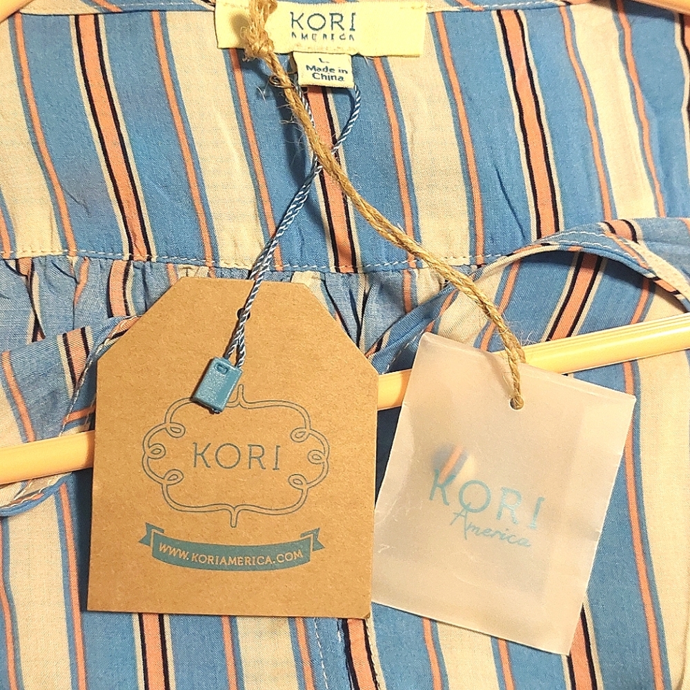 📣 Kori America Blue & Pink Striped Drawstring Waist Button-Down Top NWT Size L - Picture 11 of 12